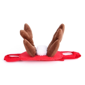 Detail view of pet Christmas reindeer antlers headpiece with soft plush and elastic strap