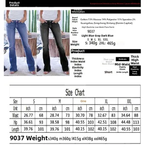 Tableau des tailles pour jean évasé femme taille basse extensible avec détails des mesures