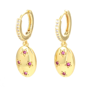 Golden star earrings with colorful zircon star oval pendants and crystal hoops