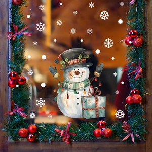 Christmas snowman wall sticker set with white snowflakes and festive wreath decoration