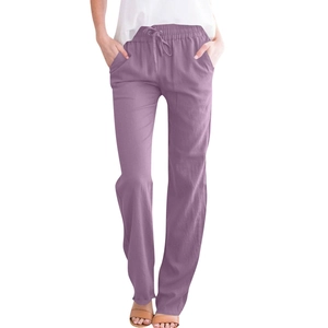 Detail of light purple cotton linen wide leg trousers featuring adjustable drawstring waist