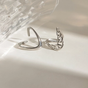 Minimalist adjustable silver stainless steel open ring with smooth and chain link design
