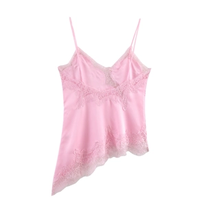 Detailed view of pink satin camisole with delicate lace trim and asymmetrical hemline