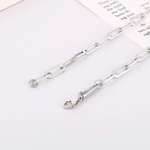 Detail of silver paperclip chain necklace with lobster clasp on minimalist card