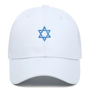 White baseball cap with Israel flag embroidery and breathable mesh back for outdoor