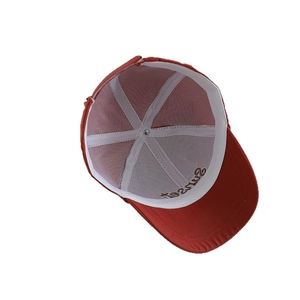 Inner view of a brick red kids baseball cap with six-panel design and sunset embroidery
