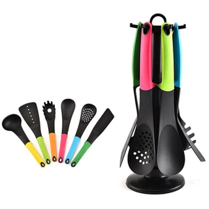 Detail view of 6-piece nylon kitchen utensil set with multi-colored handles and rotating stand