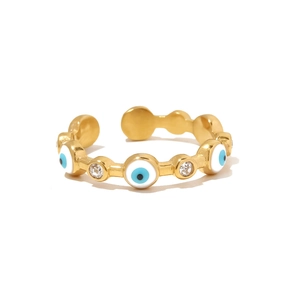 Bague ouverte œil protecteur plaquée or 18K avec émail bleu et cristaux brillants