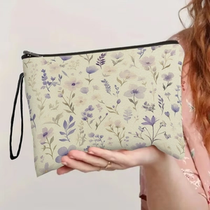 Floral Print Linen Makeup Bag Portable Cosmetic Pouch With Zipper And Wrist Strap For Women Travel Storage