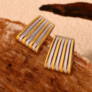 Boucles D'oreilles Puces Trapèze Bicolores Rayées Plqué Or 18K Acier Inoxydable Géométrique Nervuré Mode Minimaliste Femmes
