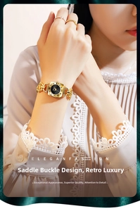 Close-up of golden square vintage watch with saddle-link bracelet on woman's wrist
