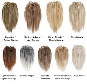 Detail showing various colors of synthetic hair extensions with English color labels