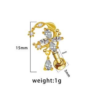 Detailed technical view of 15mm golden heart petal ear stud with size measurements