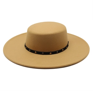 Khaki flat top wool felt boater hat with wide brim and studded black decorative band