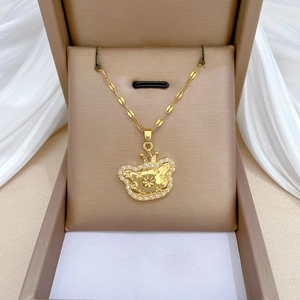 Bear Pendant Necklace With Crown Stainless Steel Chain Micro Pave Rhinestones Copper Light Luxury Jewelry For Women
