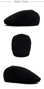 Detailed views of a black faux suede beret flat cap showing stitching and fabric texture
