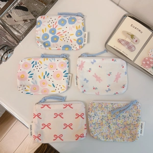 Mini Floral Print Cotton Coin Purse Zipper Pouch Card Holder For Women Girls Cute Rabbit Pattern Canvas Lining Organizer Bag