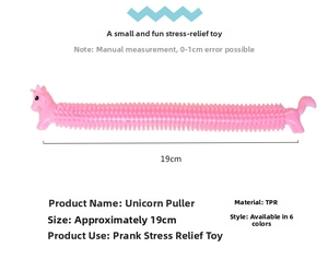 Detailed view of pink unicorn TPR stretch toy showing 19cm length and elastic texture