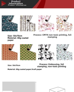 Detail of assorted wrapping paper patterns including floral, forest, and gold foil accents