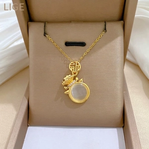 Collier Pendentif Sac De Fortune Acier Inoxydable Cuivre Pierre Oeil De Chat Blanche Strass Plaqué Or Bijoux Pour Femmes