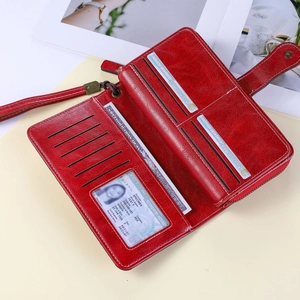 Portafoglio donna vintage in pelle rossa RFID con cinturino e molti scomparti per carte