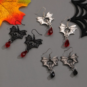 Gothic bat earrings with teardrop crystals in black, silver, and gunmetal finishes