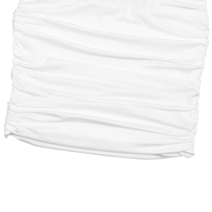 Detailed close-up showing the soft texture and ruching of the white fabric dress