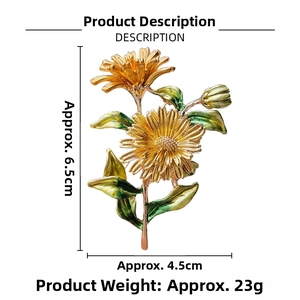 Floral brooch dimensions showing 6.5cm height and 4.5cm width with gold petals