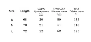 Size chart showing bust, length and sleeve measurements for this casual women's T-shirt