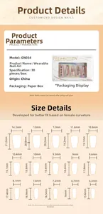 Detailed size chart showing 15 different specifications for press-on nail dimensions