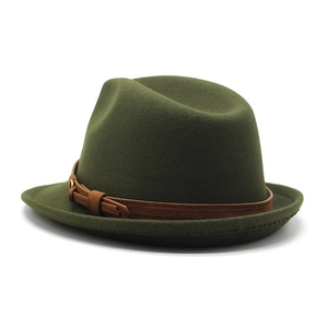 Close-up of olive green wool felt fedora hat featuring a brown leather belt with metal buckle