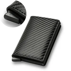 Slim RFID blocking carbon fiber pop-up wallet with side mechanical push button