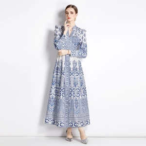 Vintage V-neck long-sleeve maxi dress in blue and white floral porcelain print