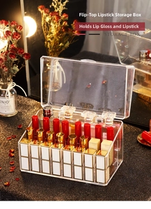 Macro view of clear acrylic lipstick organizer showing dustproof flip lid and divided slots