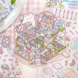 3D miniature scene stickers featuring a cute cat amusement park theme with pastel colors