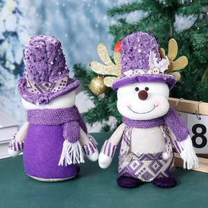 Purple sequin Christmas Santa dolls with hats and scarves, festive holiday decorations