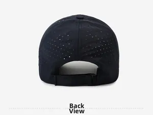 Rear view of black breathable baseball cap showing laser-cut ventilation holes and strap