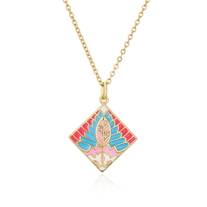 Detailed macro view of Bohemian gold plated geometric pendant with colorful enamel and zircon