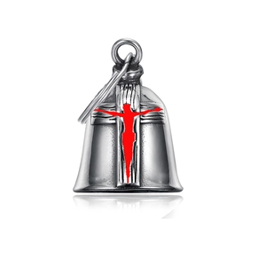 Guardian bell motorcycle pendant in silver steel with a vibrant red crucifix design