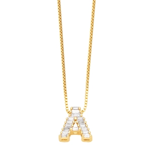 Golden box chain necklace with letter A pendant featuring sparkling cubic zirconia stones