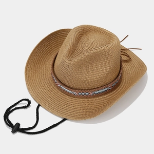Bohemian woven straw cowboy hat with ethnic geometric band and adjustable chin strap