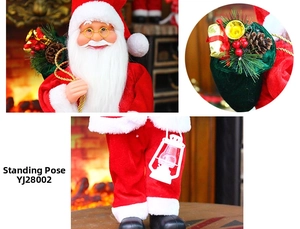 Detailed views of standing Santa figure with lantern, gift bag and pine cones