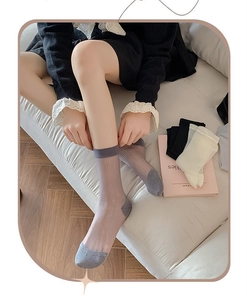 Detailed view of sheer grey striped mesh crew socks with reinforced toe and heel design