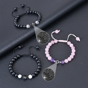 Black and pink 8mm stone bead bracelets with 100 languages I love you projection stone
