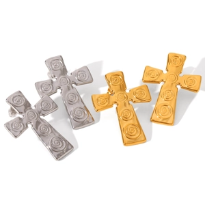 Fashionable 18K gold and silver stainless steel cross earrings with spiral texture design