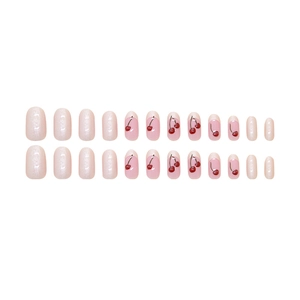 24-piece press-on nail kit with pearl pink finish and 3D cherry patterns for women