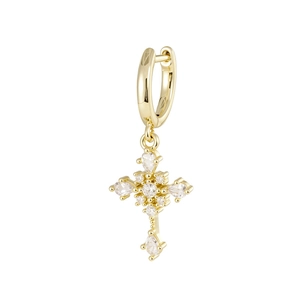 Elegant gold cross drop earring with shimmering clear zircons on a white background