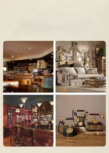 Detail of vintage rotary telephone models displayed in diverse home and bar settings