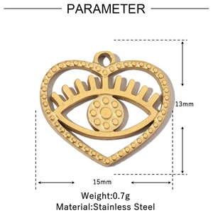 Detail showing dimensions of golden heart eye pendant in stainless steel for jewelry making