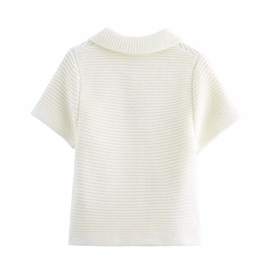 White short sleeve knit sweater with polo collar and textured horizontal stripe pattern